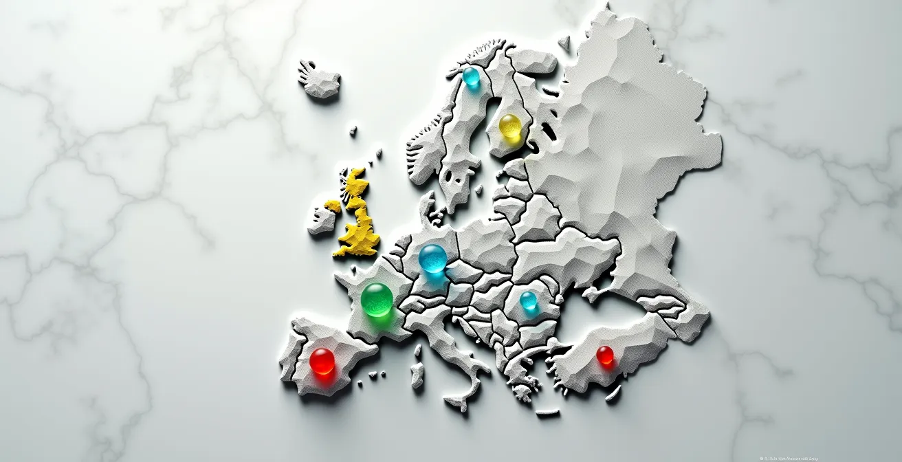 Carte de l'Europe avec gradients de couleur montrant les différents statuts légaux des cannabinoïdes