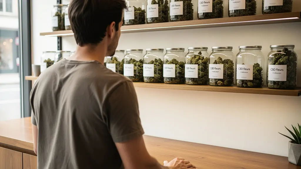 Consommateur observant bocaux de fleurs CBD en boutique spécialisée