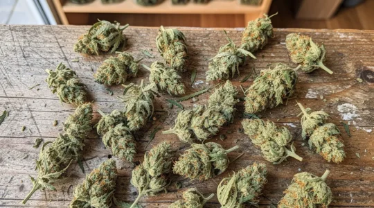 Fleurs de CBD séchées de différentes variétés disposées sur comptoir bois